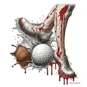 A golf ball appears to have just impacted the calf, leaving a vivid, realistic wound with blood splatter and torn skin. tattoo design idea