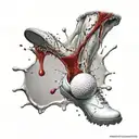 A golf ball appears to have just impacted the calf, leaving a vivid, realistic wound with blood splatter and torn skin. tattoo design idea