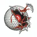 A golf ball leaving a realistic wound with blood splatter and torn skin and exposed muscle tattoo design idea