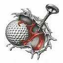 A golf ball leaving a realistic wound with blood splatter and torn skin and exposed muscle tattoo design idea