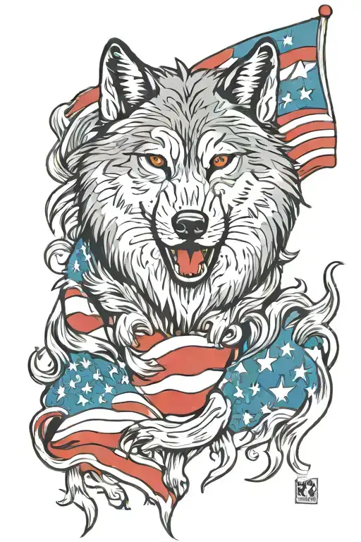 wolf with american flag waving tattoo design idea
