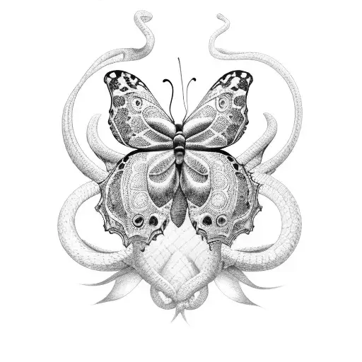 butterfly and snake and rose tattoo design idea