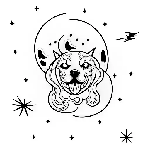 A tattoo of a dog howling at the moon, with thunder and lightning striking in the background tattoo design idea