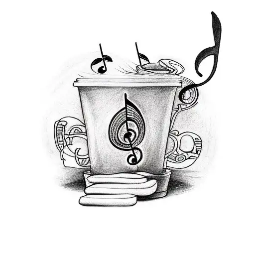 A tattoo design combining a pencil drawing and a music note, with a coffee cup and tacos in the background tattoo design idea