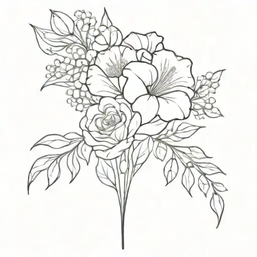 fine line bouquet with a carnation, Lily of the valley, a rose and chrysanthemum tattoo design idea