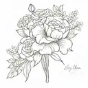 fine line bouquet with a carnation, Lily of the valley, a rose and chrysanthemum tattoo design idea