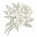 fine line bouquet with a carnation, Lily of the valley, a rose and chrysanthemum tattoo design idea