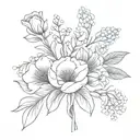 fine line bouquet with a carnation, Lily of the valley, a rose and chrysanthemum tattoo design idea