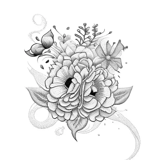 A blackwork tattoo of a vibrant garden scene with flowers and animals intertwined tattoo design idea