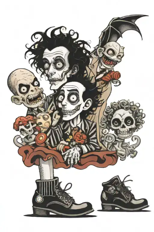 tattoo sleeve with Tim Burton characters and items from his movies tattoo design idea
