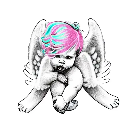 full body chubby angel with pink hair tattoo design idea