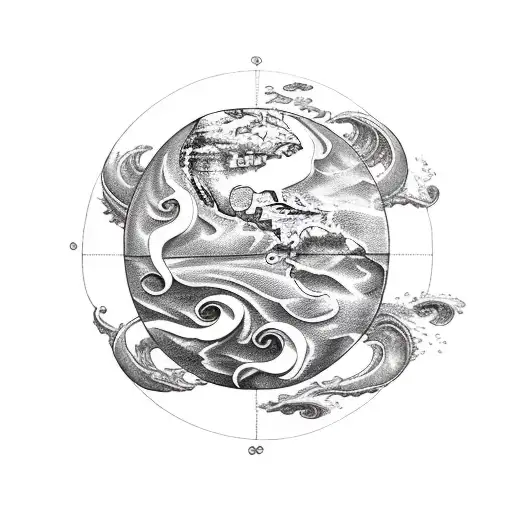 A beautifully detailed globe surrounded by waves, representing the traveler's love for exploring the sea tattoo design idea