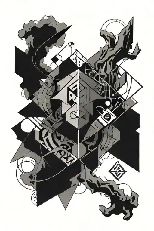 A geometric tattoo design combining the symbols of pool, Magic the Gathering, rock climbing, and IT engineering in a cohesive pattern tattoo design idea
