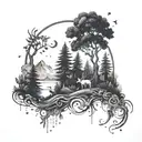 A dreamy landscape tattoo featuring a forest of magical plants and mystical creatures, symbolizing the client's love for nature and fantasy tattoo design idea