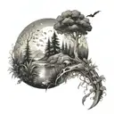 A dreamy landscape tattoo featuring a forest of magical plants and mystical creatures, symbolizing the client's love for nature and fantasy tattoo design idea