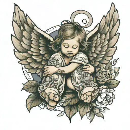 angel wings, child's feet, first name Lyna, date of April 21, 2021 tattoo design idea