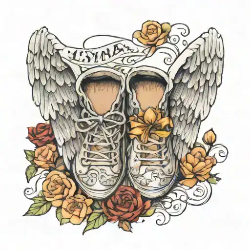 angel wings, children's feet, first name Lyna and the date of April 21, 2021 tattoo design idea