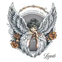 angel wings, child's feet, first name Lyna, date of April 21, 2021 tattoo design idea