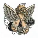angel wings, child's feet, first name Lyna, date of April 21, 2021 tattoo design idea