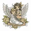 angel wings, children's feet, first name Lyna and the date of April 21, 2021 tattoo design idea