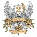 angel wings, children's feet, first name Lyna and the date of April 21, 2021 tattoo design idea