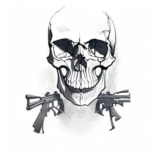 A skull wearing a camouflaged hat with crossed rifles behind it tattoo design idea