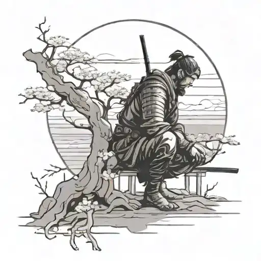 A ronin kneels in exhaustion and watches the sun rise from between the sakura trees, and his shadow stretches towards tattoo design idea