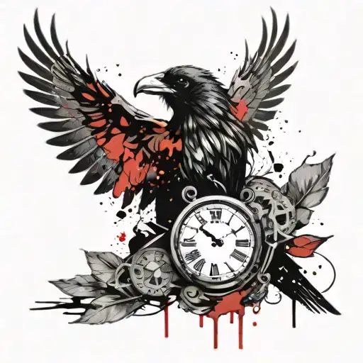 Create a gloomy raven tattoo including a broken clock and an eye of Odin in the background tattoo design idea