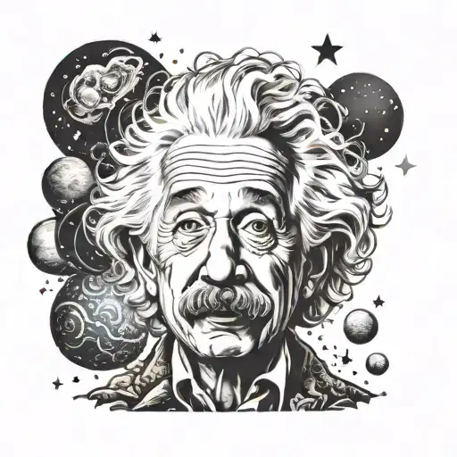 Create Albert Einstein with an LSD on his tongue and with the background of stars and planets tattoo design idea