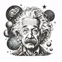 Create Albert Einstein with an LSD on his tongue and with the background of stars and planets tattoo design idea