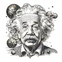 Create Albert Einstein with an LSD on his tongue and with the background of stars and planets tattoo design idea
