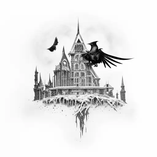 Gothic building, based on the game Dishonored, with crows flying on top of the building tattoo design idea