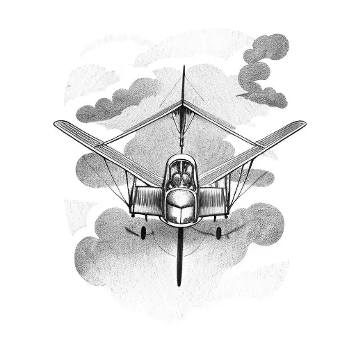 A vintage biplane flying through a stormy sky tattoo design idea