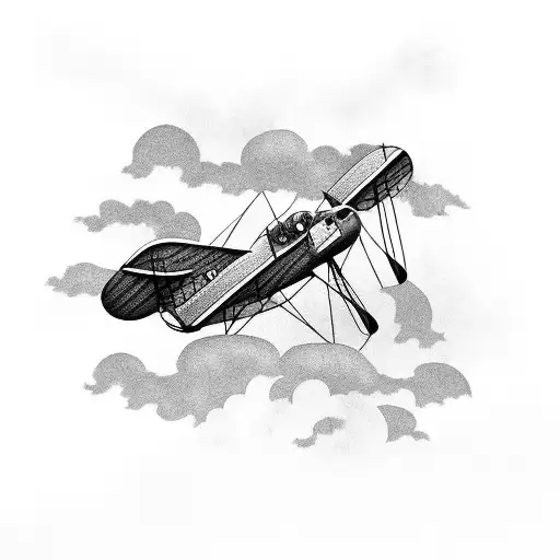 A vintage biplane flying through a stormy sky tattoo design idea