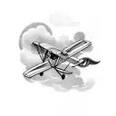 A vintage biplane flying through a stormy sky tattoo design idea