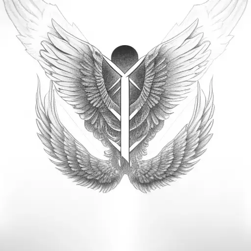 wings with sunrise background and cross in center tattoo design idea