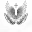 wings with sunrise background and cross in center tattoo design idea