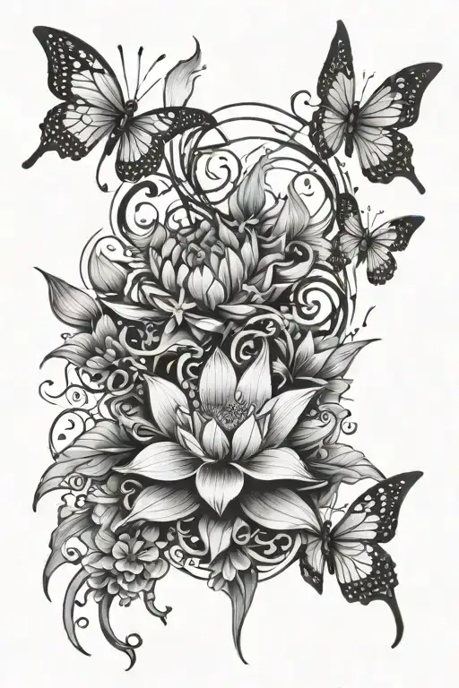 vertical spine tattoo with a lotus, spiral, butterflies, stars, hearts, Cancer sign, 333, and the hidden name "Robins." tattoo design idea