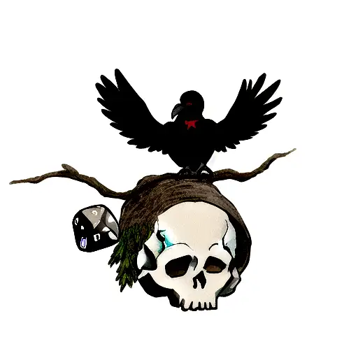 Raven ontop of a skull holding a dice in it's beak with the "20" showing tattoo design idea