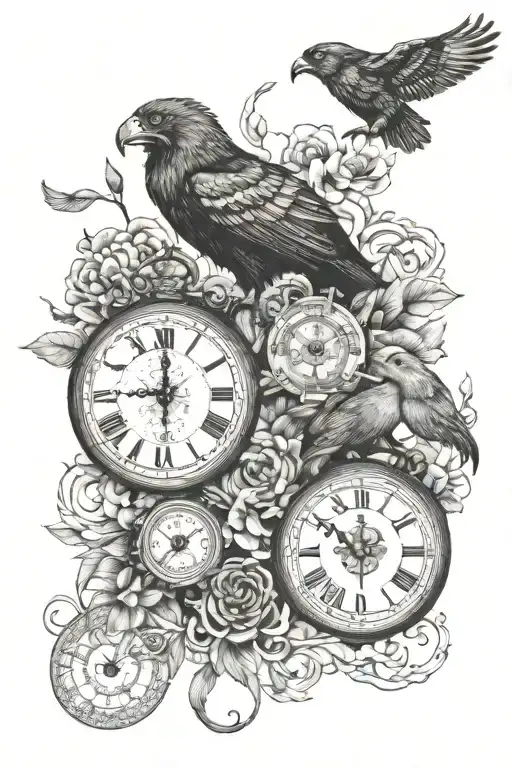 Combine elements of timepieces and nature to create a unique forearm tattoo featuring lions, ravens, and owls tattoo design idea