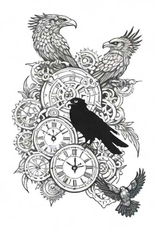 Incorporate elements of clocks and gears into a sleeve tattoo design featuring lions, ravens, and owls tattoo design idea