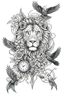 Combine elements of timepieces and nature to create a unique forearm tattoo featuring lions, ravens, and owls tattoo design idea