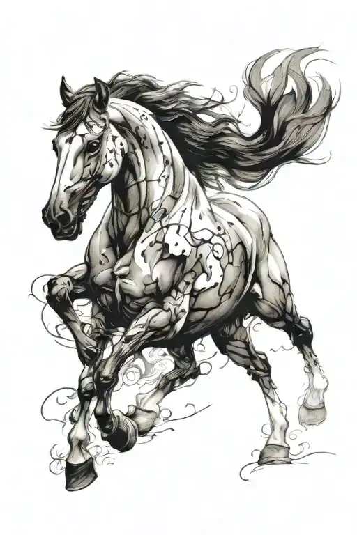 A horse which is elegant and ferocious, youthful still mature looking, has some faded scars on his body tattoo design idea
