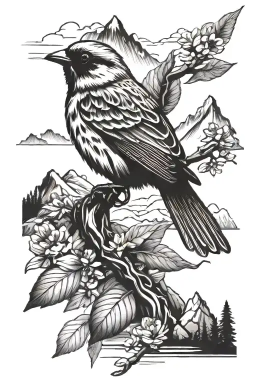 sparrow bird and  mountains tattoo design idea