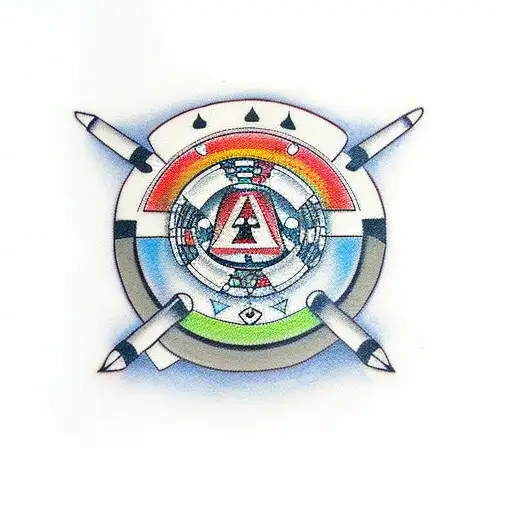 A traditional tattoo of a poker chip with video game controllers and UFOs as the design elements tattoo design idea