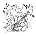 A cello with vines and leaves growing around it, symbolizing the harmony between music and nature tattoo design idea
