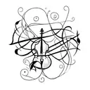 A cello with vines and leaves growing around it, symbolizing the harmony between music and nature tattoo design idea