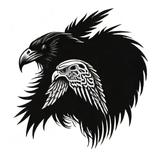 Black raven, with Viking runes, the head of the raven in the form of a skeleton and the wings covering the neck tattoo design idea
