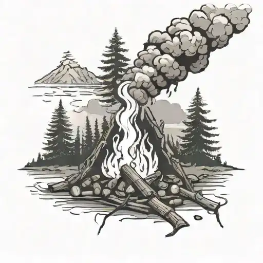 campfire with smoke rising and there are a lot of small rock encircling the fire and pines trees in the background  tattoo design idea