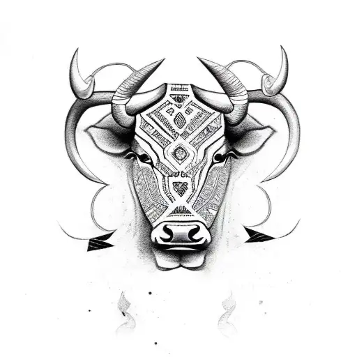 A bull with tribal patterns and music symbols carved into its horns tattoo design idea